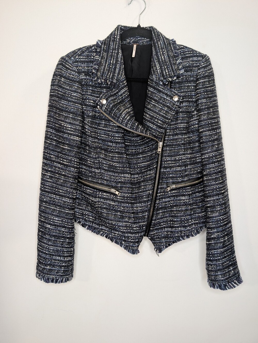 Free People Tweed Moto Jacket Blue Black Fringe Zip Cropped Jacket Small - Picture 2 of 6